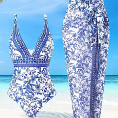 One-Shoulder Swimsuit with Oversized Flower Detail and Matching Printed Sarong Set