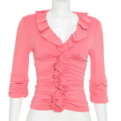 Ruffle V-Neck Quarter Sleeve Cropped Top