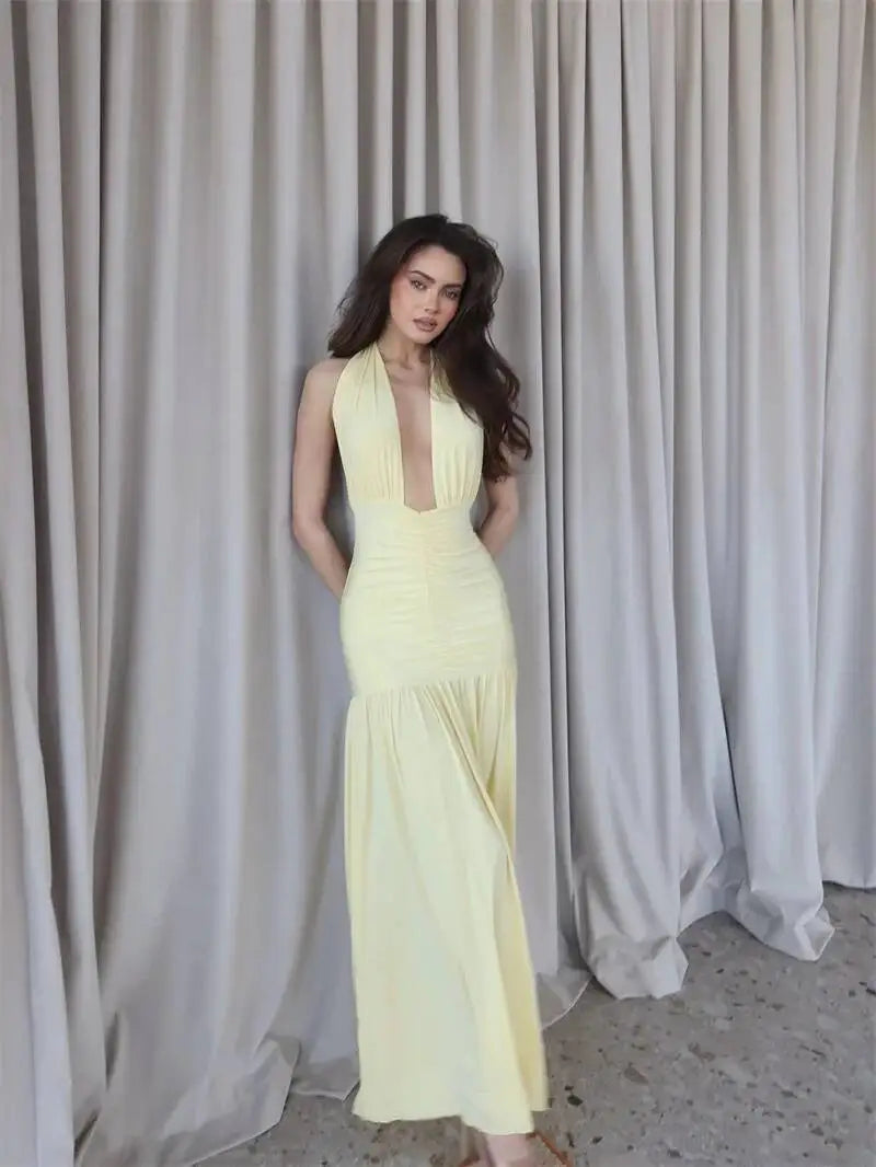 Yellow deep neck ruched halter maxi dress full body