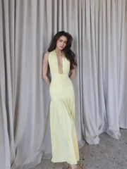 Yellow deep neck ruched halter maxi dress full body