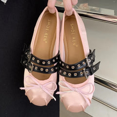 Silk Ballet Flats with Butterfly-Knot and Buckle Straps