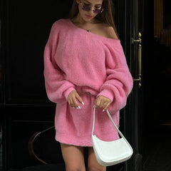 Pink Faux Mink Reversible Lantern Sleeve Sweater