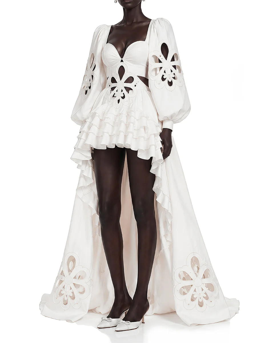 White Cut Out Floral Desgin Lantern Sleeve Frill Midi Dress – Golden Atelier