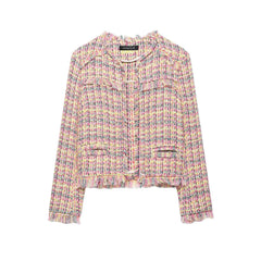 Multi Color Tweed Fringe Cropped Jacket
