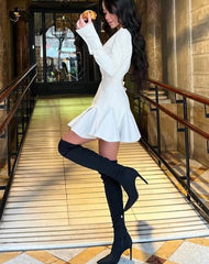 O-Neck Long Sleeve Patchwork Pleated Mini Dress