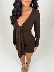 V-Neck Long Sleeve Ruched Drape Mini Dress