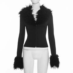 Faux Fur Trim V Neck Zip Front Cropped Jacket