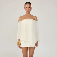 Ivory off-shoulder draped sleeve sheath mini dress front view