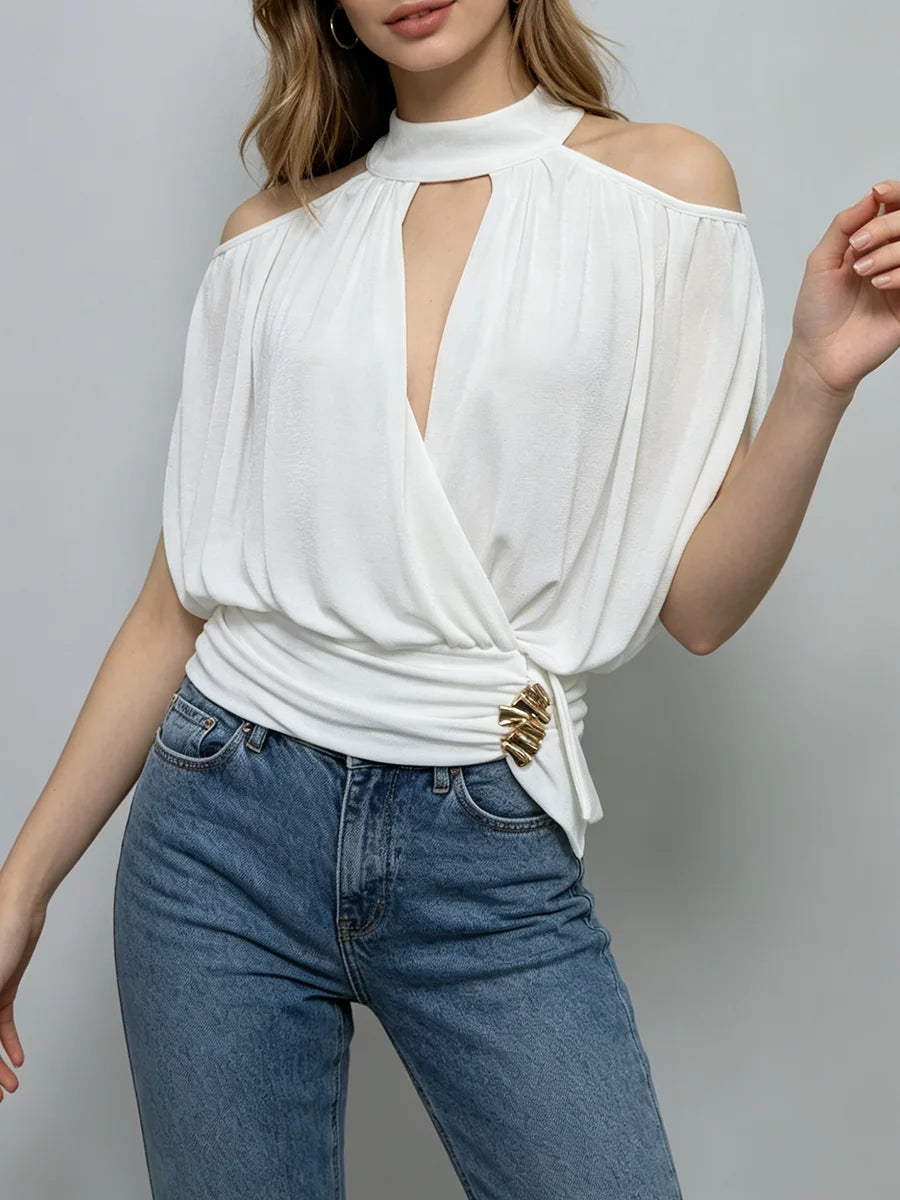 White draped halter neck cold shoulder top with gold accent buckle