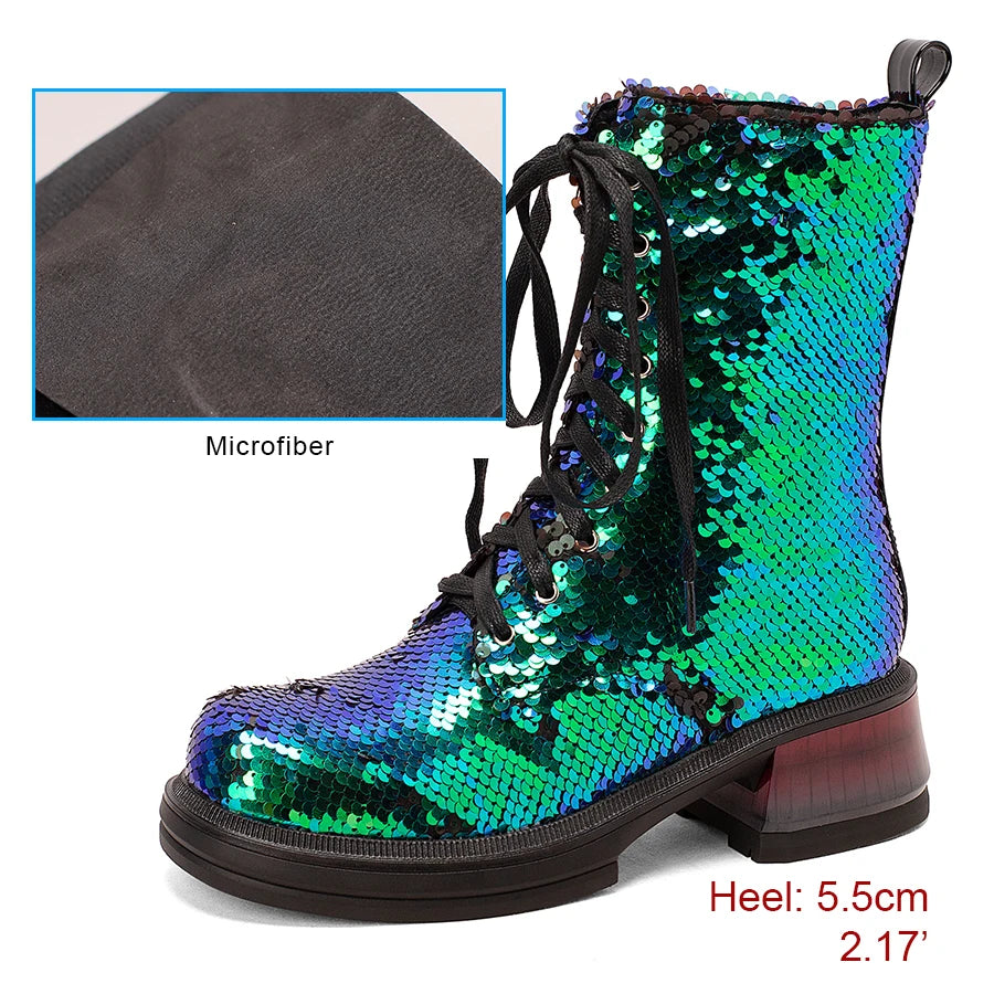 Multicolored sequin boot with close-up of microfiber material on a white background