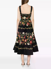 Black Floral Square Neck A-Line Midi Dress