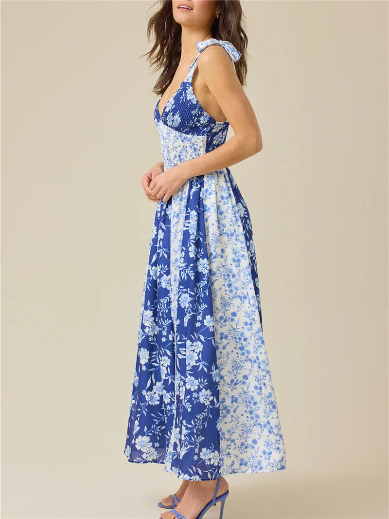 Blue floral print patchwork smocked maxi dress side view