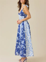 Blue floral print patchwork smocked maxi dress side view