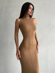 Sleeveless turtleneck ribbed knit maxi dress in elegant design for women.