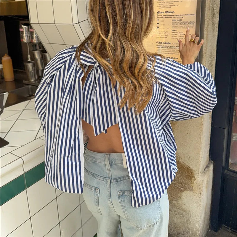 Striped tie back puff sleeve top
