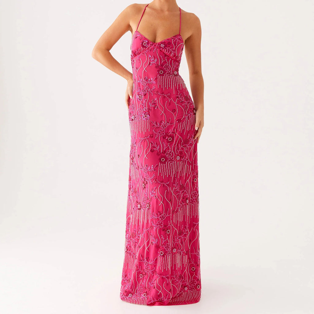 Sequin Sparkly Floral Cami Long Dress Golden Atelier Sequin Sparkly Floral Cami Long Dress Golden Atelier