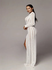 Slit Knitted One Shoulder Hollow Out Crochet Dress - Golden Atelier