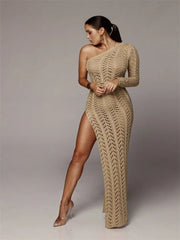 Slit Knitted One Shoulder Hollow Out Crochet Dress - Golden Atelier