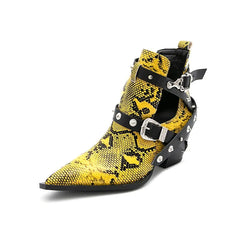 Ankle Boots Snake Pattern PU Leather Buckles- Golden Atelier