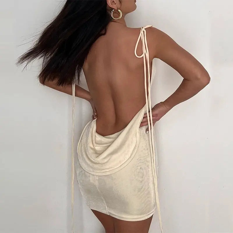 Solid Color Open Back Tie-Up String Mini Dress - Golden Atelier