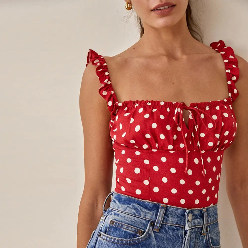 Square Neck Frill Strap Printed Crop Top - Golden Atelier