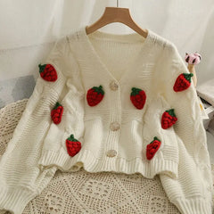 Strawberry Long Sleeve Knitted Cardigan - Golden Atelier