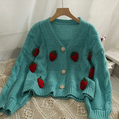 Strawberry Long Sleeve Knitted Cardigan - Golden Atelier