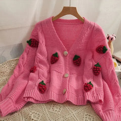 Strawberry Long Sleeve Knitted Cardigan - Golden Atelier