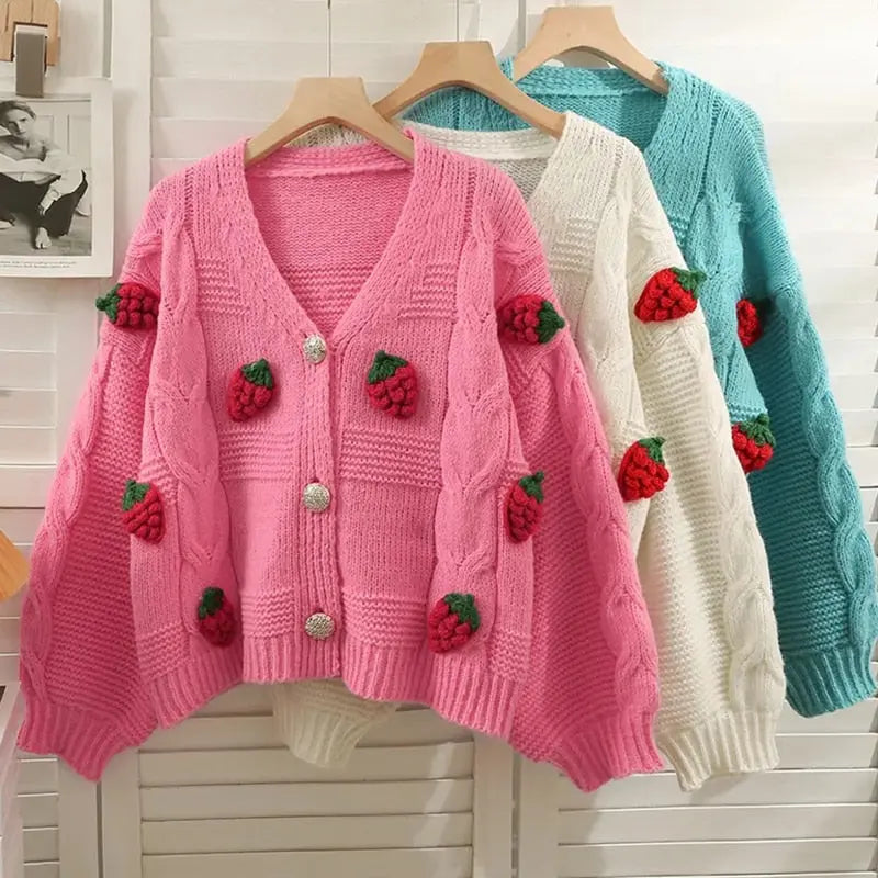 Strawberry Long Sleeve Knitted Cardigan - Golden Atelier