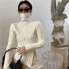 Turtleneck Side Slit Knitted Sweater - Golden Atelier