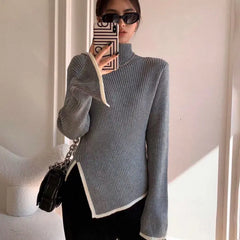 Turtleneck Side Slit Knitted Sweater - Golden Atelier