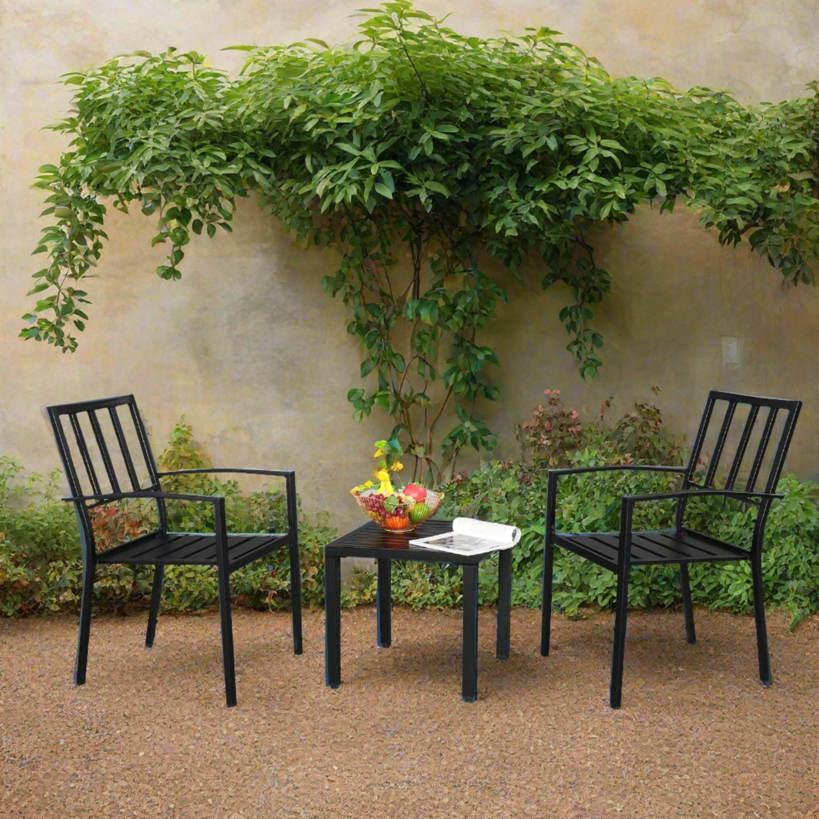 Outdoor Wrought Iron Side Table and 2 Backrest Chairs