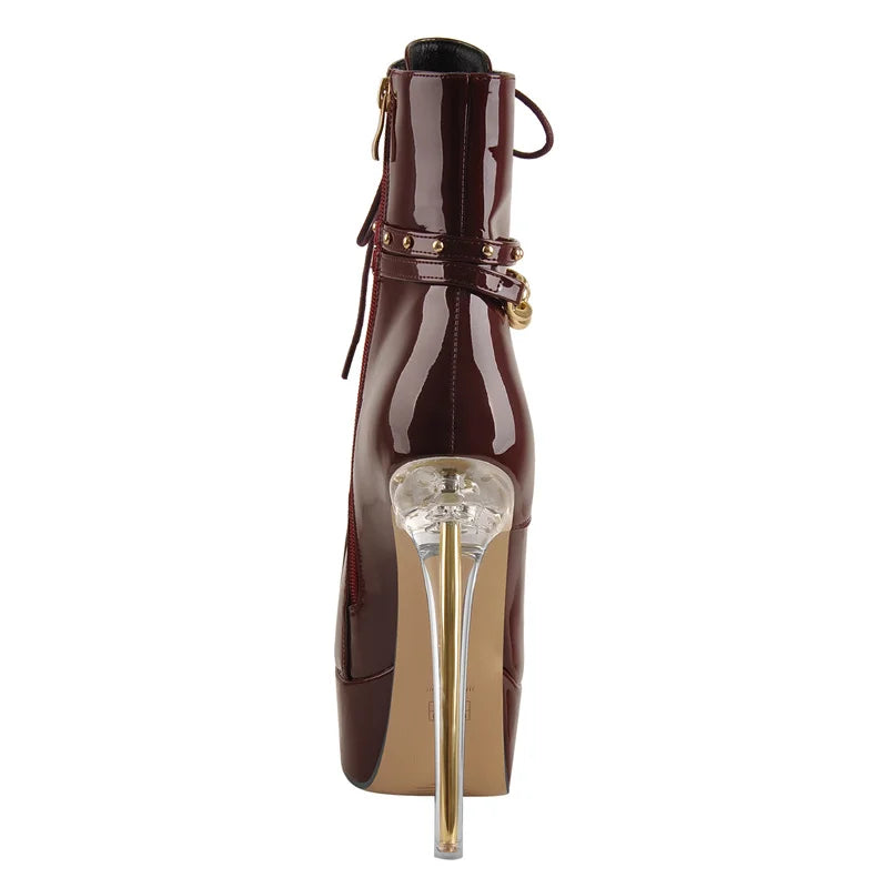 Side profile of patent leather lace-up platform ankle boots highlighting the clear lucite heel.