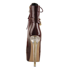 Side profile of patent leather lace-up platform ankle boots highlighting the clear lucite heel.