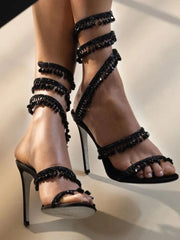 Crystal Embellished Satin Ankle Straps Shoes