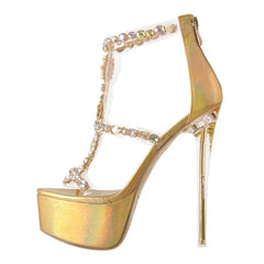 Crystal embellished transparent gold platform stiletto sandal