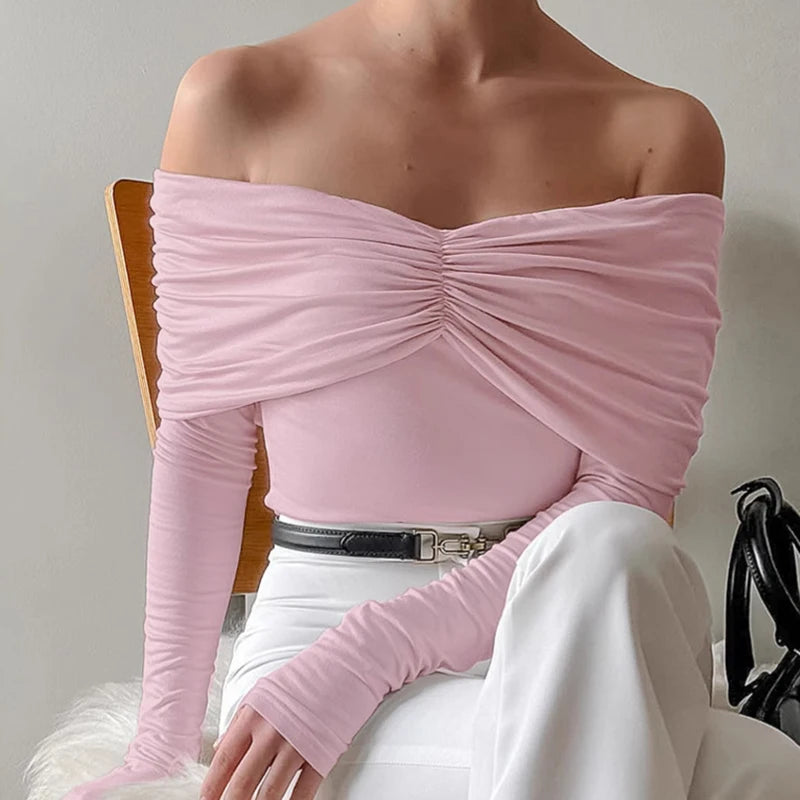 White one shoulder ruched long sleeve top styled for office casual looks