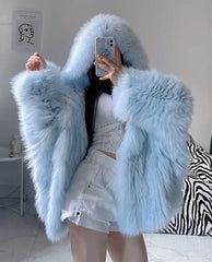 Soft Faux Fur Blue Short Jacket for Women- Golden Atelier