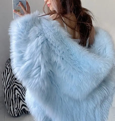 Soft Faux Fur Blue Short Jacket for Women - Golden Atelier