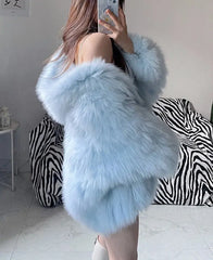 Soft Faux Fur Blue Short Jacket for Women- Golden Atelier