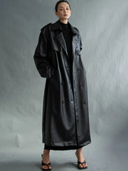 Women Faux Leather Turn Down Collar Long Trench Coat - Golden Atelier