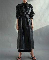 Women Faux Leather Turn Down Collar Long Trench Coat - Golden Atelier