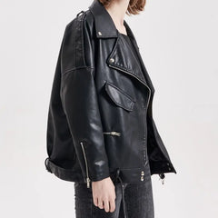 Women Faux Soft Leather Loose Jacket - Golden Atelier