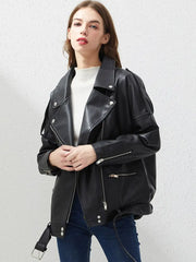 Women Faux Soft Leather Loose Jacket - Golden Atelier