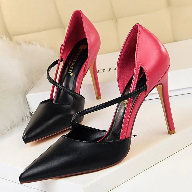 Women Mixed Color High Heels Pointed Toe Pump Shoes - Golden Atelier