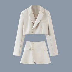 Women Notched Collar Short Blazer & Mini Skirt Suit - Golden Atelier