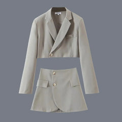 Women Notched Collar Short Blazer & Mini Skirt Suit - Golden Atelier