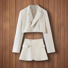 Women Notched Collar Short Blazer & Mini Skirt Suit - Golden Atelier