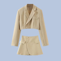 Women Notched Collar Short Blazer & Mini Skirt Suit - Golden Atelier