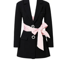 Women Notched Long Sleeve Patchwork Black Solid Blazer - Golden Atelier